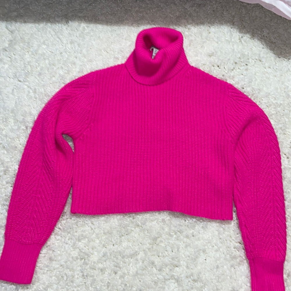 Bright pink cropped cowl neck sweater